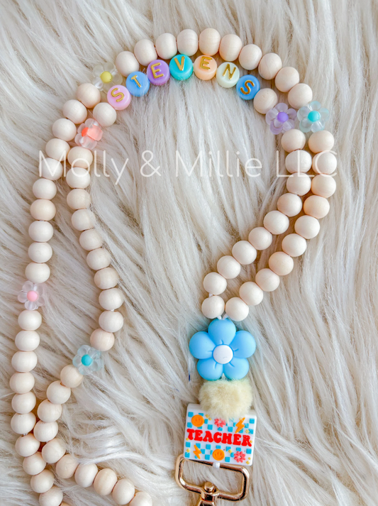 Teacher Lanyard with Flowers and Personalized Name| Colorful Badge Holder | Teacher Gift | Educator Beaded Lanyard| Build a school Lanyard