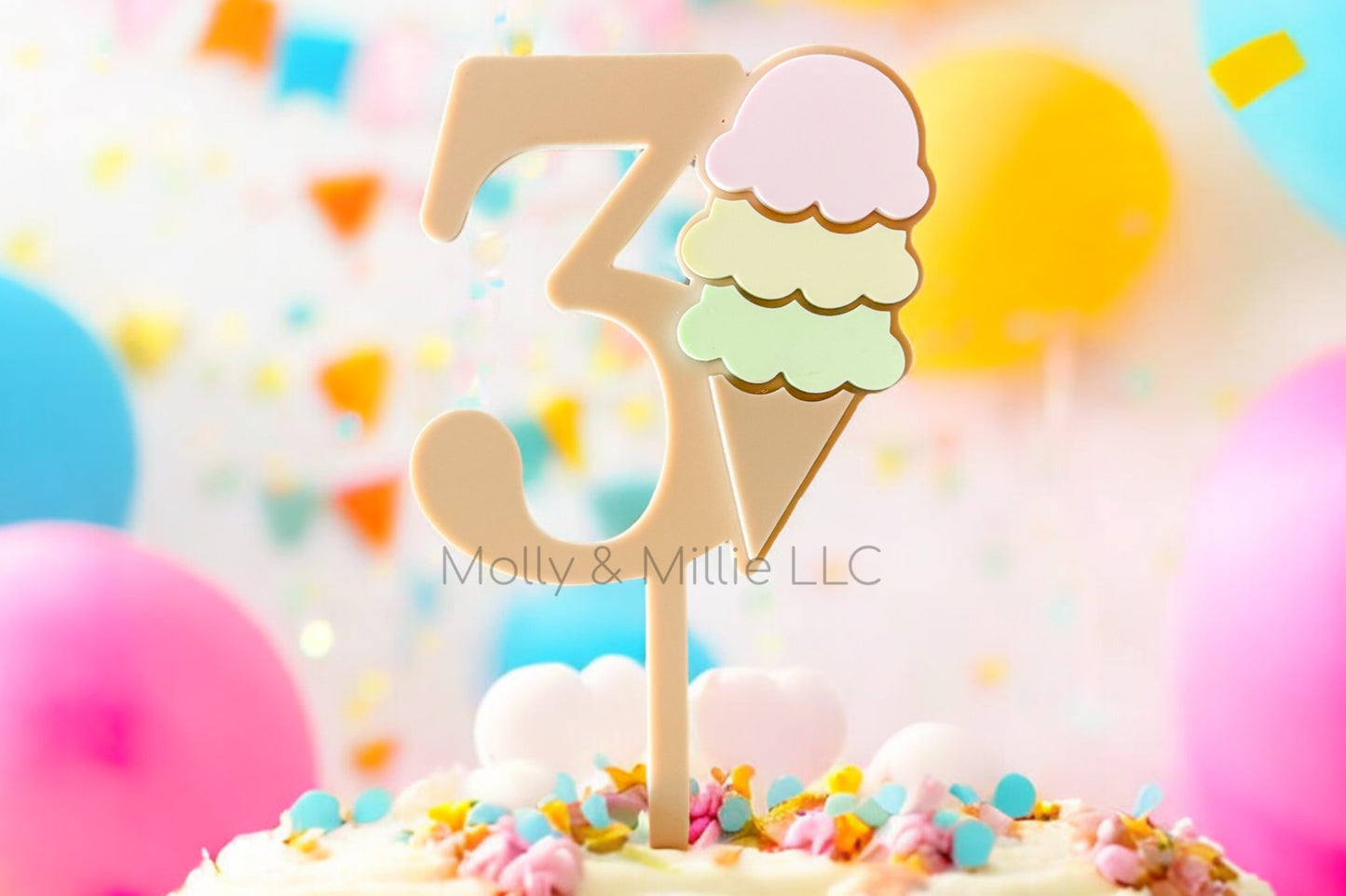 Ice Cream Number Cake Topper | Double Layered Acrylic Birthday | Sweet One | Scoops of Fun Celebration | Ice Cream Birthday | Two Sweet