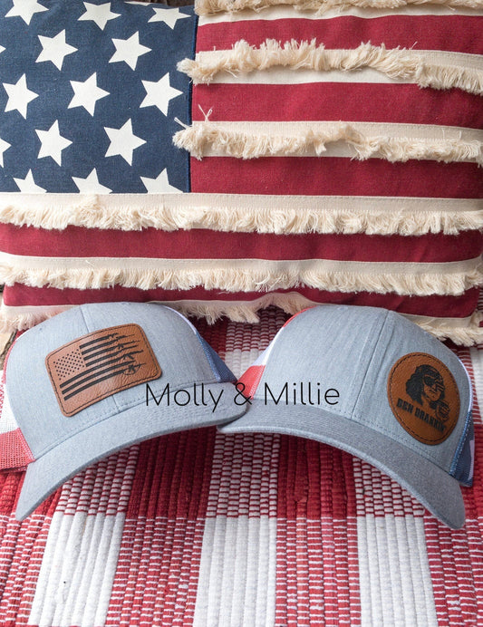 Stars and Stripes Trucker Hat with leather patch | River Hat | Americana Men's Trucker Hat | Fourth of July Hat | Snapback | Hat Patch