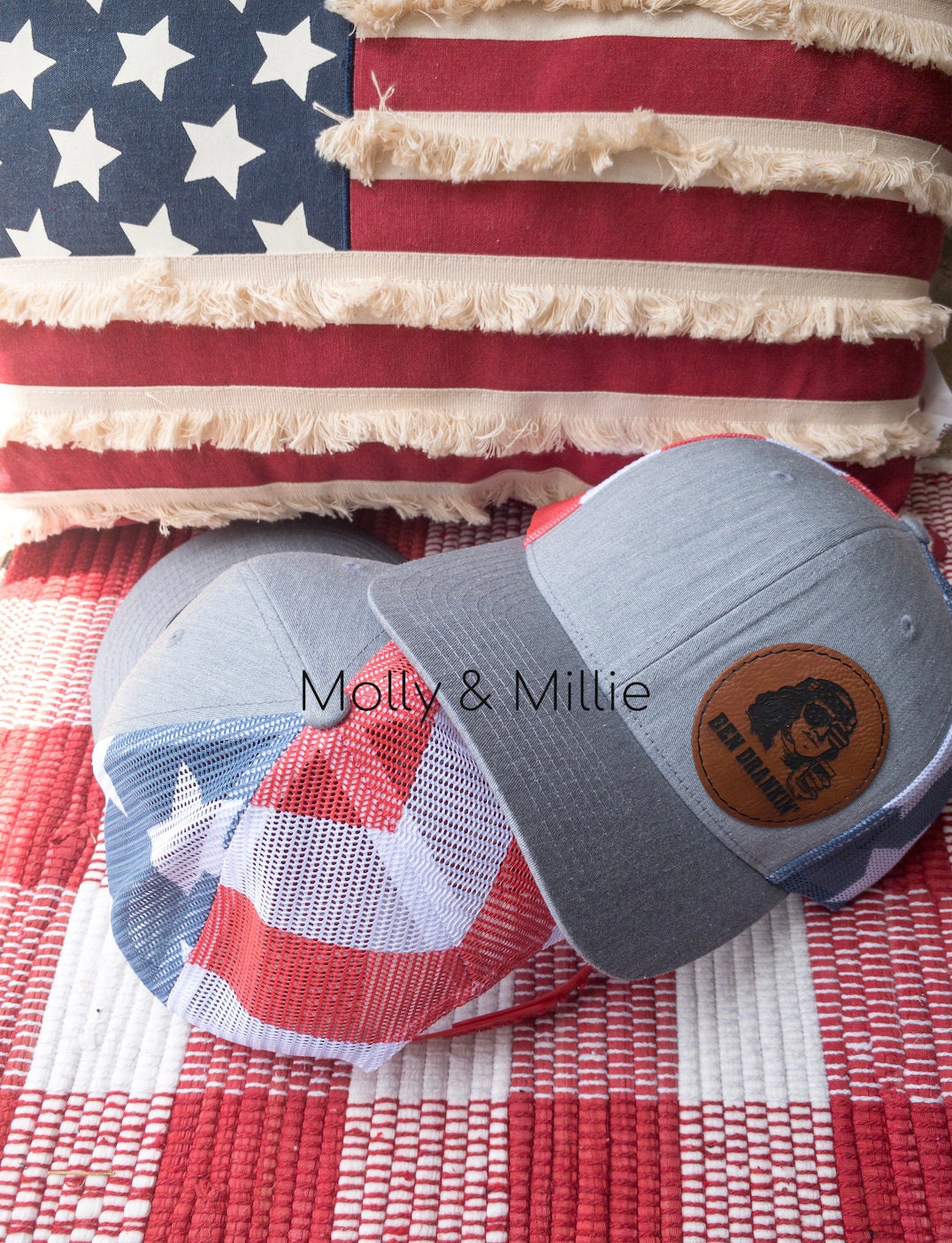 Stars and Stripes Trucker Hat with leather patch | River Hat | Americana Men's Trucker Hat | Fourth of July Hat | Snapback | Hat Patch