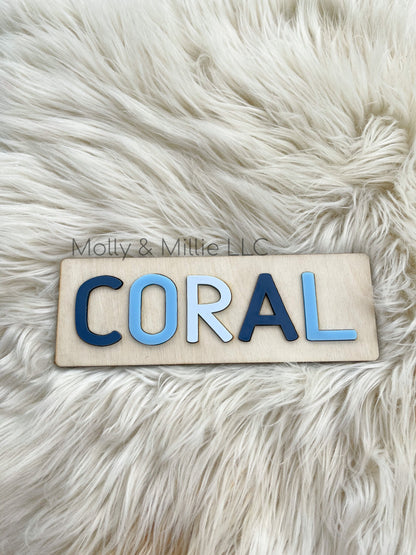 Children’s wooden name puzzle | Name puzzle for toddlers | Baby name puzzle | name puzzle ombré blue for birthday gift and everyday use