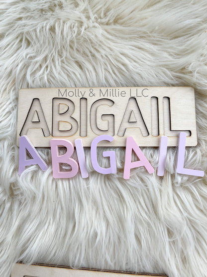 Children’s wooden name puzzle | Name puzzle for toddlers | Baby name puzzle | name puzzle ombré purple pink for birthday gift & everyday use