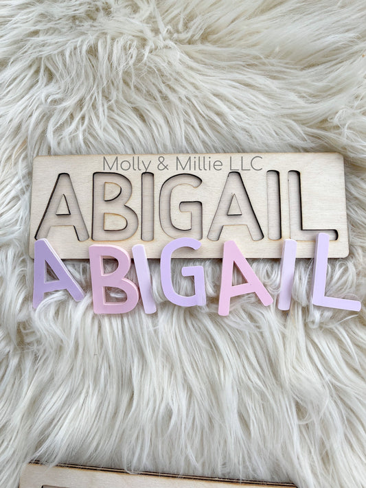 Children’s wooden name puzzle | Name puzzle for toddlers | Baby name puzzle | name puzzle ombré purple pink for birthday gift & everyday use