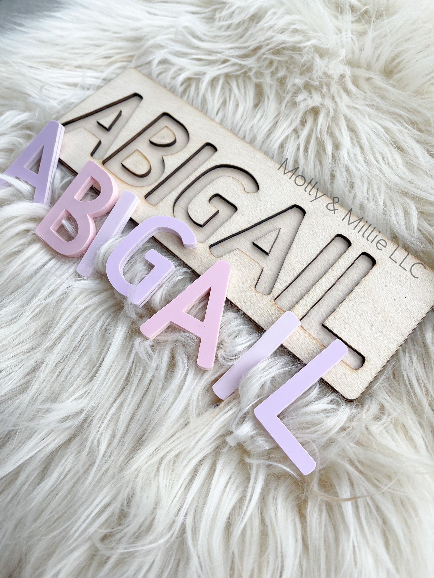 Children’s wooden name puzzle | Name puzzle for toddlers | Baby name puzzle | name puzzle ombré purple pink for birthday gift & everyday use
