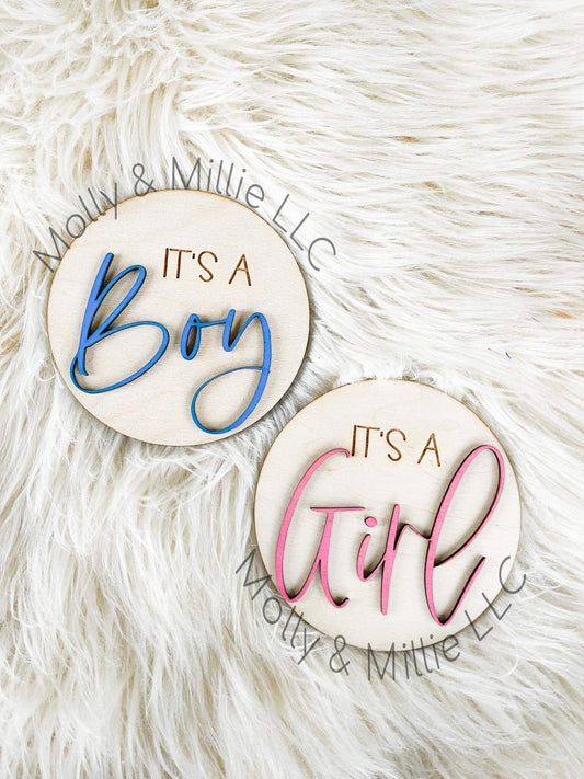 Gender Reveal | Boy or Girl Marker | Laser Engraved Boy Girl Round | Unique Gender Reveal Tag |  Team boy or Team Girl for baby shower gift