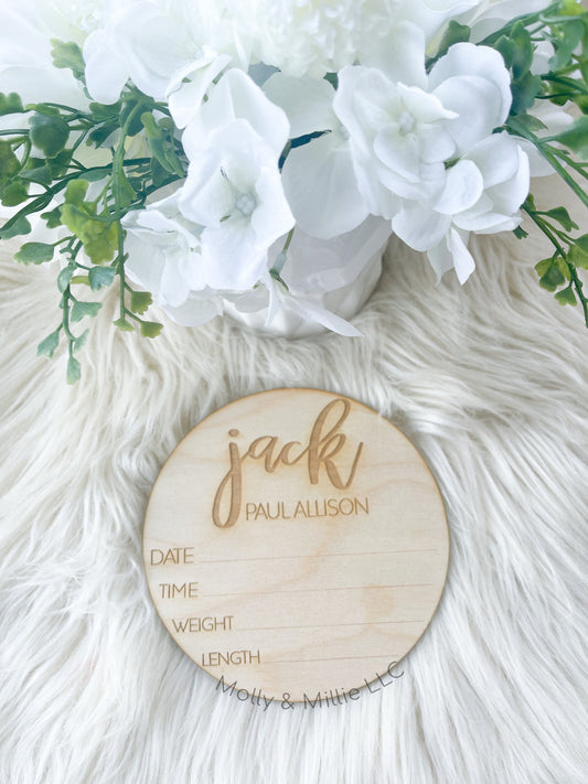 Round Baby Birth Stats, Newborn Photo Prop, Birth Announcement Sign, Laser Engraved Baby Keepsake Sign, Personalized Baby Name Sign