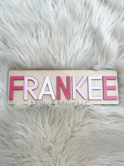 Children’s wooden name puzzle | Name puzzle for toddlers | Baby name puzzle | name puzzle ombré pink for birthday gift and everyday use