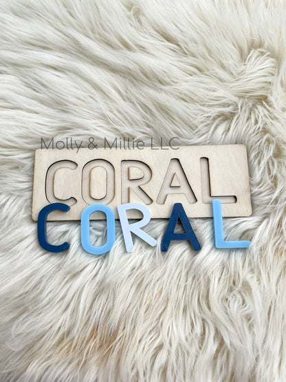 Children’s wooden name puzzle | Name puzzle for toddlers | Baby name puzzle | name puzzle ombré blue for birthday gift and everyday use