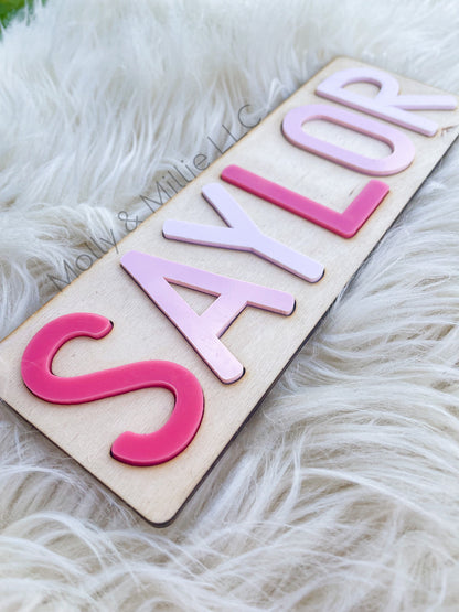 Children’s wooden name puzzle | Name puzzle for toddlers | Baby name puzzle | name puzzle ombré pink for birthday gift and everyday use