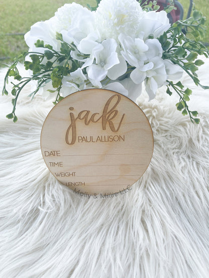 Round Baby Birth Stats, Newborn Photo Prop, Birth Announcement Sign, Laser Engraved Baby Keepsake Sign, Personalized Baby Name Sign