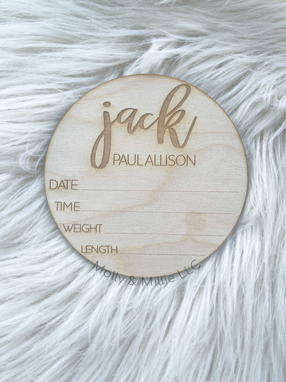 Round Baby Birth Stats, Newborn Photo Prop, Birth Announcement Sign, Laser Engraved Baby Keepsake Sign, Personalized Baby Name Sign