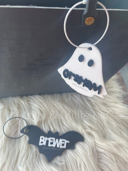 Halloween Basket Name Tag | Bat Tag for Halloween | Personalized Ghost Name Tag for Kids | Trick or Treat Bucket Halloween Keychain