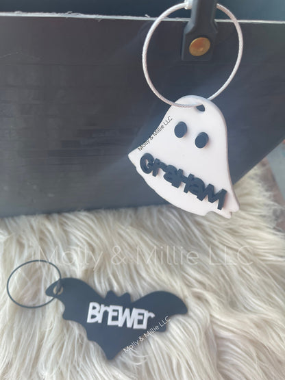 Halloween Basket Name Tag | Bat Tag for Halloween | Personalized Ghost Name Tag for Kids | Trick or Treat Bucket Halloween Keychain
