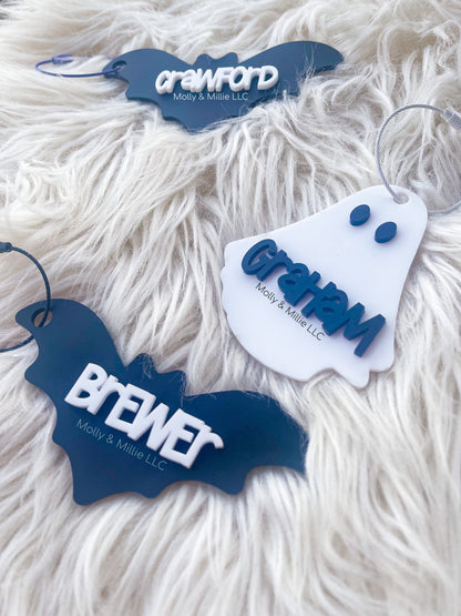 Halloween Basket Name Tag | Bat Tag for Halloween | Personalized Ghost Name Tag for Kids | Trick or Treat Bucket Halloween Keychain