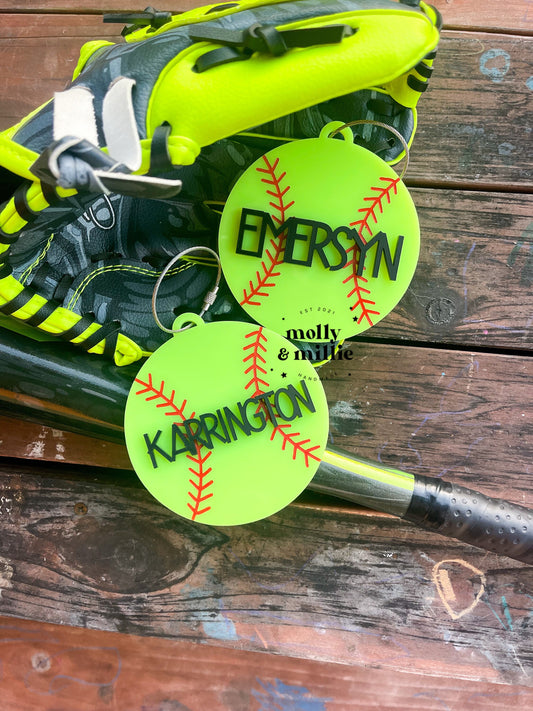 Softball Tag | Name Tag for Softball Bags | Sports Team Keychain | Softball Mom Bag Tag | Gifts for Coaches | Team Mom Keychain | Girls Ball
