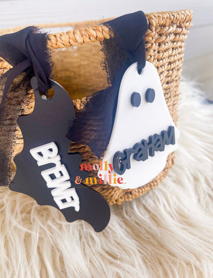 Halloween Basket Name Tag | Bat Tag for Halloween | Personalized Ghost Name Tag Kids | Trick or Treat Bucket Halloween Keychain | Boo Tag