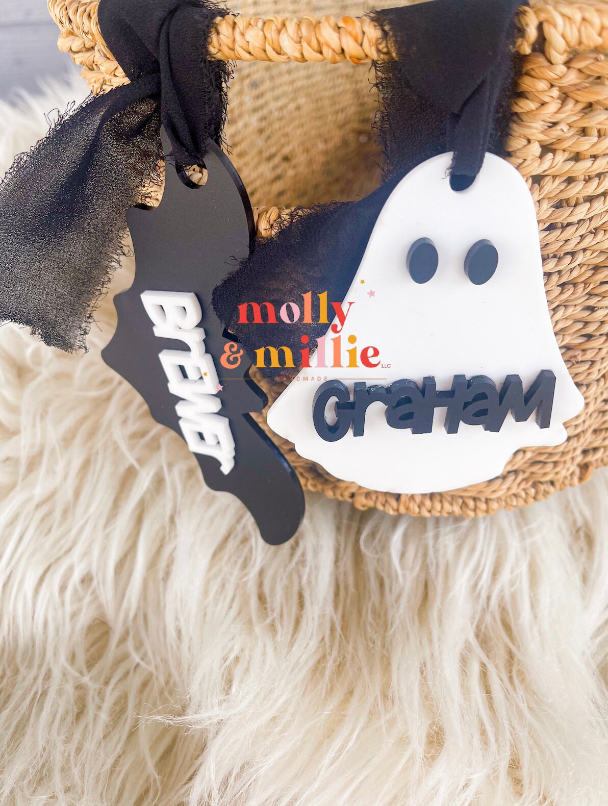 Halloween Basket Name Tag | Bat Tag for Halloween | Personalized Ghost Name Tag Kids | Trick or Treat Bucket Halloween Keychain | Boo Tag